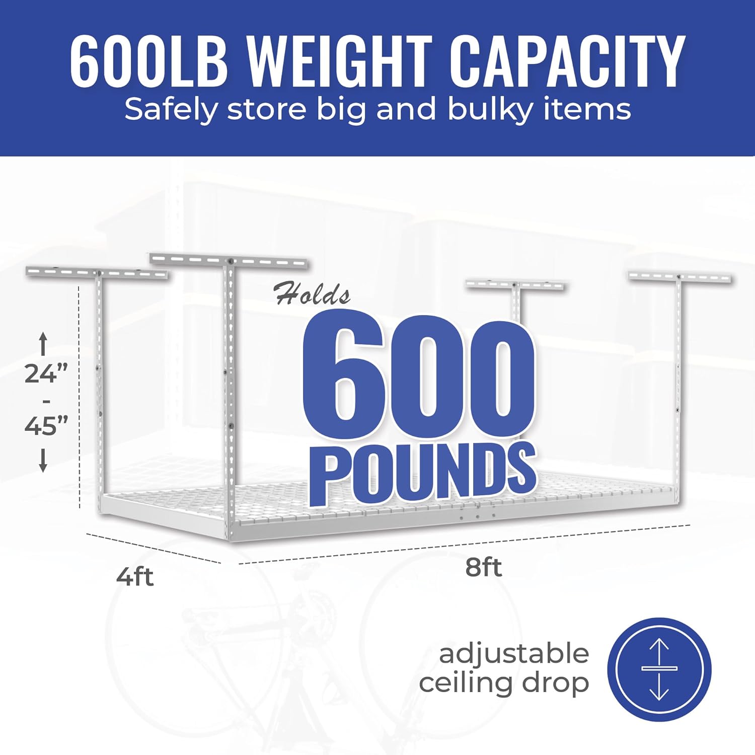 SafeRacks Overhead Storage Rack - Adjustable 4 ft x 8 ft | Height 24 in - 45 in, White with 5-Piece Hook Set