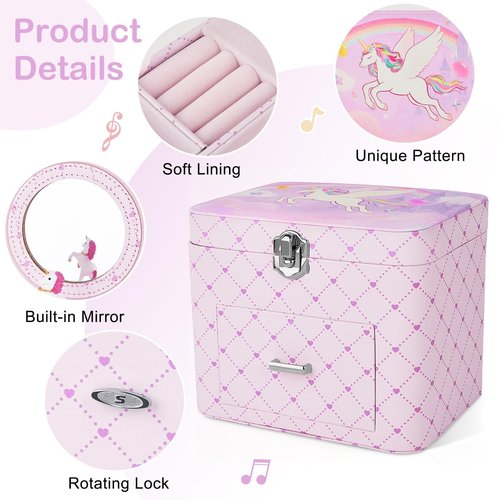 Basumee Musical Jewelry Box for Girls PU Leather Music Box with Drawer Large Kids Jewelry Organizer with Unicorn/Ballerina Jewelry Storage for Little Girls Ages 3–10, Birthday & Holiday Present