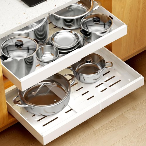 Bifixia 2Pack Expandable Pull Out Cabinet Organizer 21" Deep - Sliding Drawer Organizer Roll Out Shelves Adhesive - Adjustable Width 15.2"-26.2" W (White)