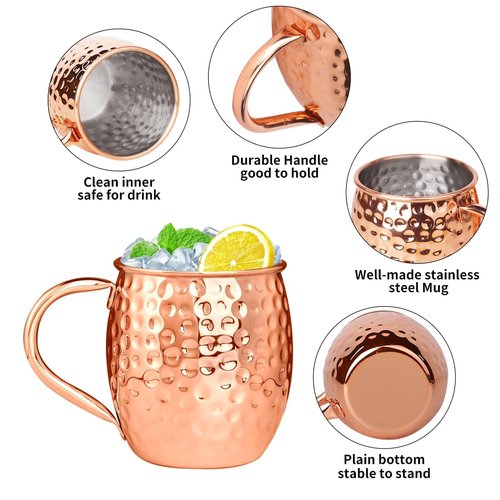 Moscow Mule Mugs 19oz Copper Plated Moscow Mule Mugs Set of 24 Bulk Large Hammered Stainless Steel Cups with Round Handle,1pcs 0.5oz Double Jigger, 24pcs Straws for Cold Chilled Drinks Cocktails