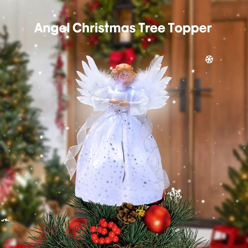 Light Angel Treetop, 12" Standing White Angel Christmas Tree Topper or Table Top, White Lighted Angel Tree Topper -Christmas Tree Topper Decoration Ornament for Home (Silver)