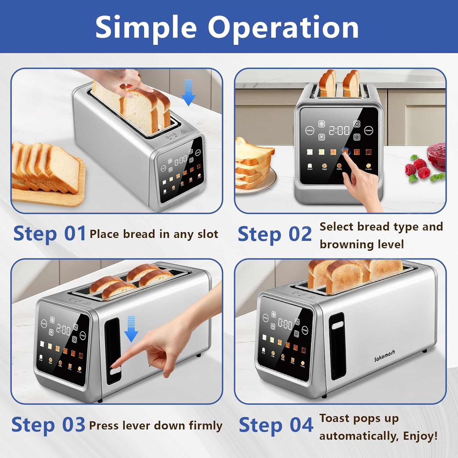SAKAMOSH 4-Slice Smart Toaster - Touch Screen, 6 Browning Levels, Extra Wide Slots, Stainless Steel