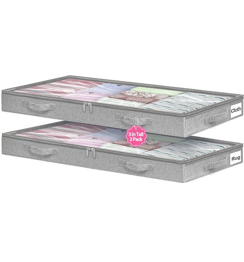 3-Inch High Under Bed Storage Containers, Low Profile Underbed Bins, NO RIGID STRUCTURE, Foldable Clothes Storage Organizer w/Lid & Zipper, Shallow Storage for Low Beds, Couches & Cribs, 2-Pack, Gray