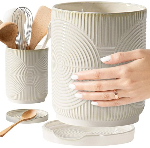 Swkien Utensil Holder, 7.2" Kitchen Utensil Holder for Counter, 2-in-1 Ceramic Cooking Utensils Holders with Spoon Rest, Utensil Crock for Spatula, Ideal Housewarming Gift (Beige)