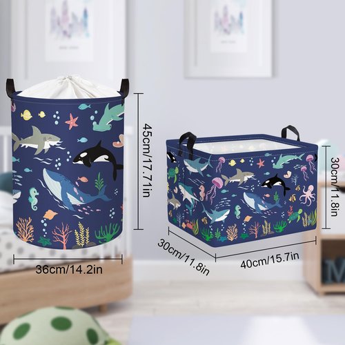 Clastyle Fish Sea Turtle Baby Basket Ocean Coral Seaweed Starfish Toy Book Shelf Basket Waterproof Pool Toy Beach Towel Storage Bin Large Dirty Clothes Laundry Hamper, Whales, 40*30*30 cm