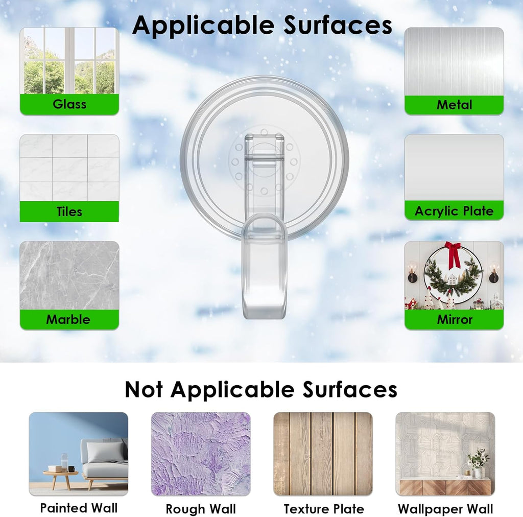 Clear Wreath Hanger - 22 LB Strong Suction Cup Hooks for Fall & Christmas Decor | 2 Pack