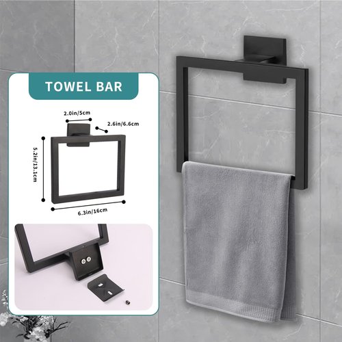 zmnklry 5-Pieces Matte Black Bathroom Hardware Accessories Set, 15.6 inch Towel Bar,Towel Racks for Bathroom, Robe Towel Hooks, Toilet Paper Holder Wall Mounted