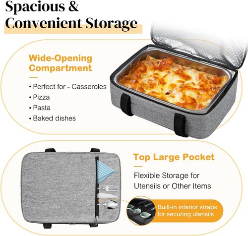Coobiiya Insulated Casserole Carrier - Thermal Lunch Bag Keeps Food Hot or Cold | Fits 9" x 13" Dish - Grey
