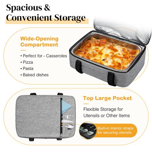 Coobiiya Insulated Casserole Carrier,Lasagna Lugger Tote Keeps Food Hot or Cold,Thermal Lunch Bag Warmer & Cooler Carrier Bag,Portable Tote Bag Fits 9" x 13" Baking Dish for Picnic and Cookouts- Grey