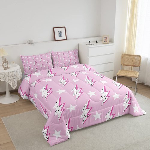 Homewish Lightning Light Print Kids Comforter Set Twin Size,Boys Girls Adults Bedroom Decor,Abstract Stars Polka Dots Down Comforter,Stylish Chic Bedding Set,Pink Romantic Duvet Insert,1 Pillowcase