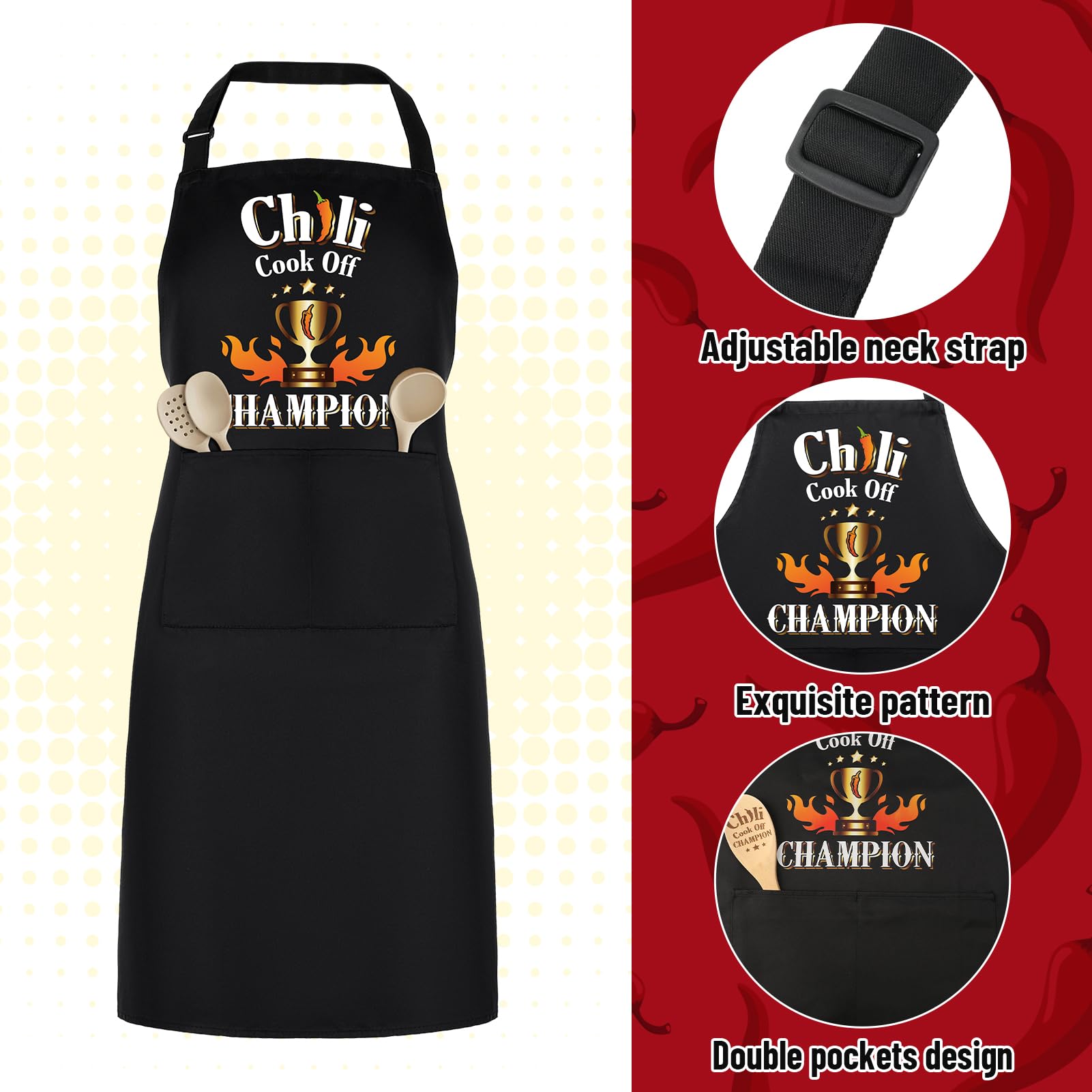 XLSXEXCL 3 Pcs Chili Cook-off Prizes, Funny Chili Cook-Off Champion Apron Adjustable Chili Cook-off Champion Hat Chef Hat and Wood Spoon, Funny Chili Cook-off Trophies Gifts for Chili Festivals