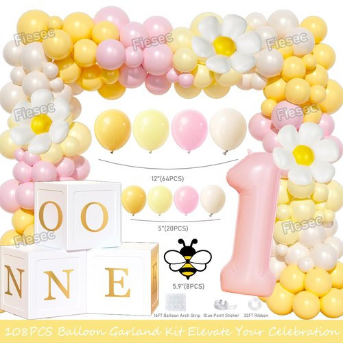 Fiesec First Bee Day Decorations Girl – 108PCs Honey Bee Themed 1st Birthday Party Supplies with So Sweet to Bee One Backdrop, Banner, Pink Yellow Balloon Garland Kit, Tablecloth