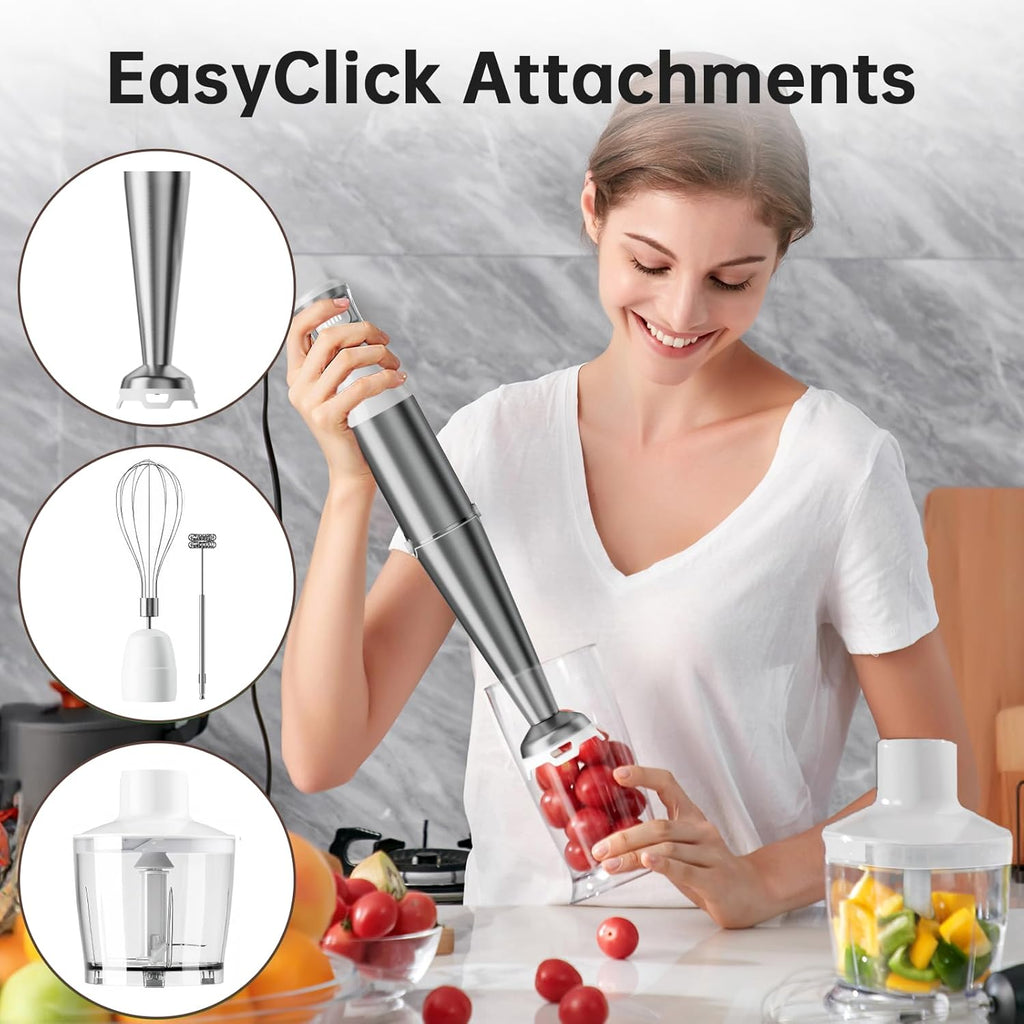 Skiennix Immersion Blender - 1100W Handheld Stick Mixer with Variable Speed, Chopper & Whisk - White