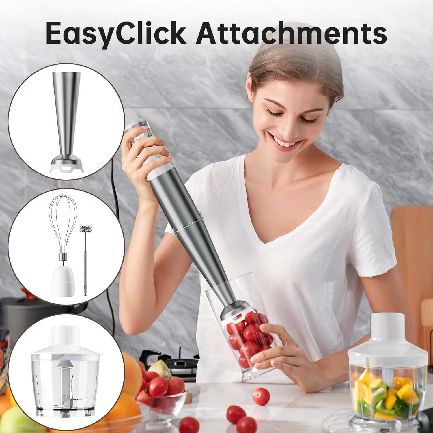 Skiennix Immersion Blender - 1100W Handheld Stick Mixer with Variable Speed, Chopper & Whisk - White