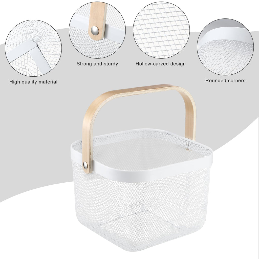 Roshtia White Metal Wire Storage Basket with Wooden Handle, Decorative Farmhouse Organizer Bin for Bathroom Counter, Pantry Shelf, Kitchen Storage, Gift Basket for Spa, Baby Shower, Wedding, 9.65 Inch