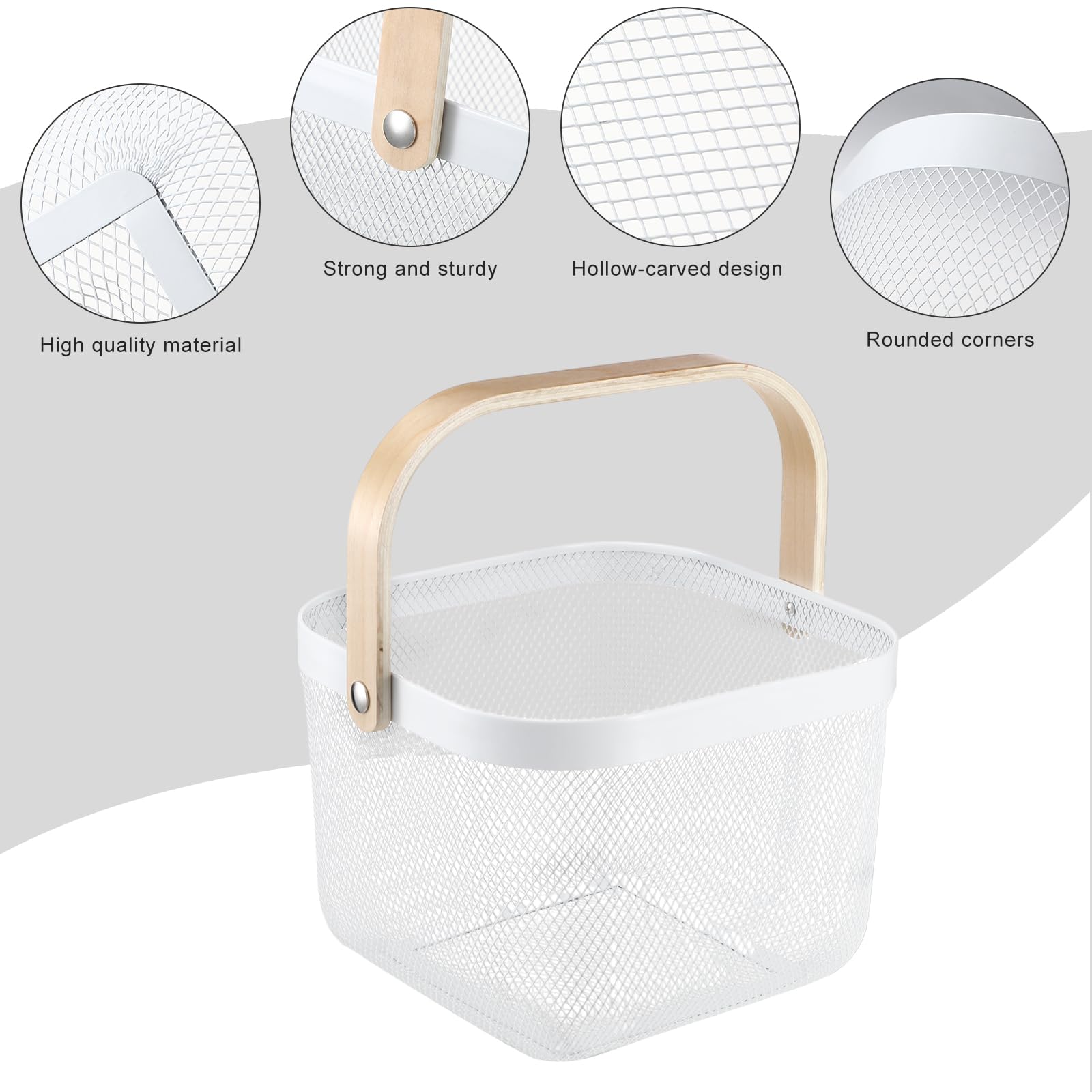 Roshtia White Metal Wire Storage Basket with Wooden Handle, Decorative Farmhouse Organizer Bin for Bathroom Counter, Pantry Shelf, Kitchen Storage, Gift Basket for Spa, Baby Shower, Wedding, 9.65 Inch
