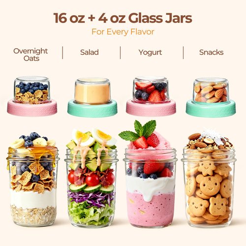ComSaf Overnight Oats Containers with Lids (16oz+4oz, 2Pcs), Dual-Laryer Chia Pudding Jars with Dry and Wet Separation, Yogurt Parfait Cups for Oatmeal Cereal Nut Fruit, Meal Prep Glass Jars for Salad