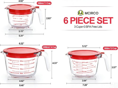 MCIRCO Glass Measuring Cups Set - 6 Pcs with Lids, 1-Cup, 2-Cup, 4-Cup Nesting Jugs for Kitchen Use
