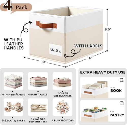 4 Pack Large Closet Storage Baskets - Heavy Duty Organizer Bins with Handles & Labels | 14x10 Collapsible Design for Living Room, Bedroom, Nursery, Dorm