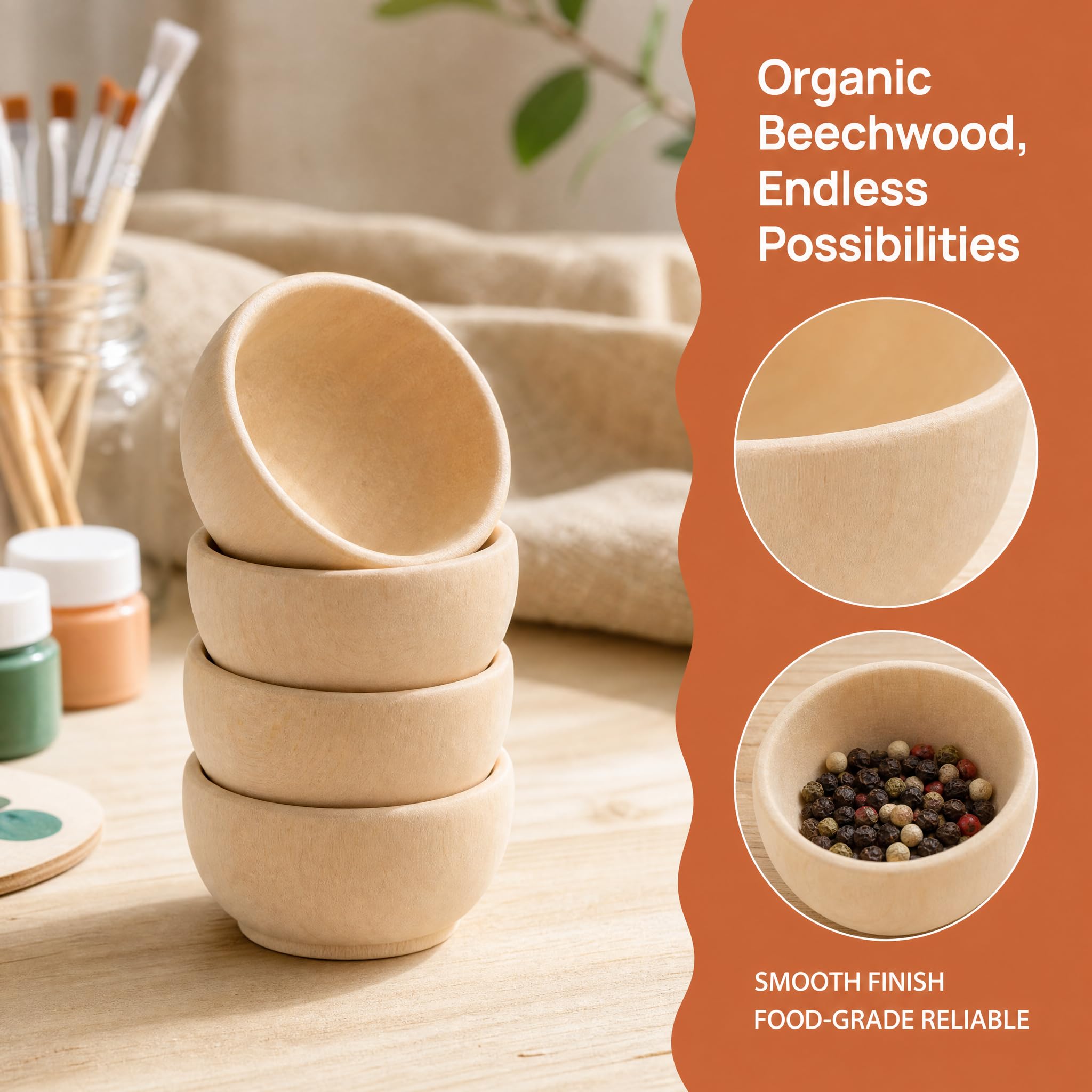 ZENFUN 20 Pack Wooden Pinch Bowls, Mini Unfinished Bowl Set for DIY Crafts, 1.5 oz Condiment Bowls, Small Round Bowl for Sorting, Dipping Sauce, Nuts, Spice, Candy, 1.1 x 2.1 Inches