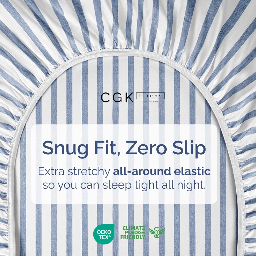 Split King Fitted Bed Sheet - Bottom Single Fitted Sheet Only - Soft Hotel Luxury Bedding w/ 8-16 Inch Deep Pockets - Breathable & Wrinkle Free - Easy-Care, Fade & Shrink Resistant - Blue Stripes 2