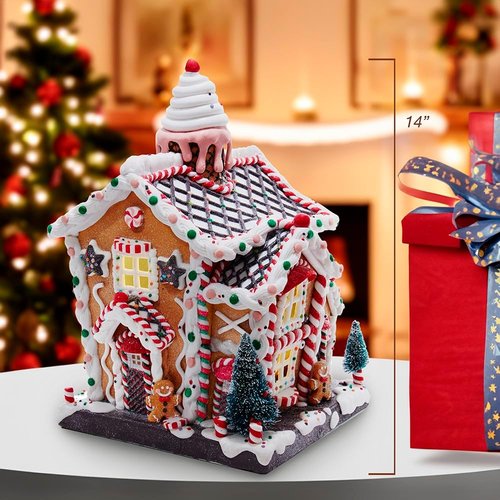 Kurt S. Adler Light-Up Gingerbread House | 14-Inch Battery-Operated Holiday Decor