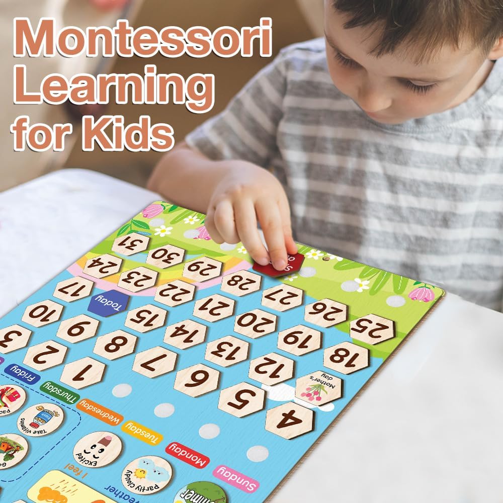 Skiennix Interactive Wooden Calendar for Kids Ages 3+ | Teach Seasons & Daily Activities (12 x 15 Inches)