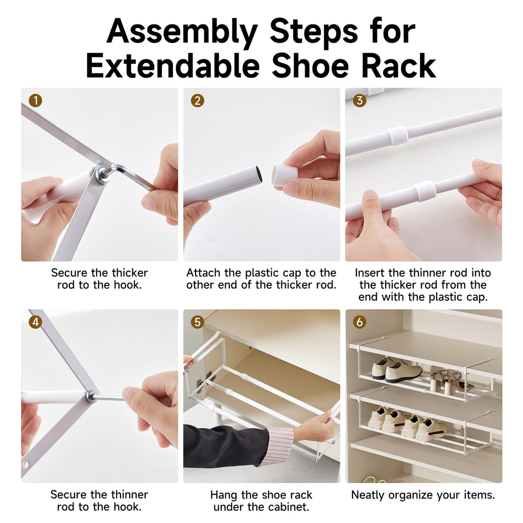 UFORU Expandable Hanging Shoe Rack Organizer for Closet, Adjustable Shoe Rack Under Cabinet Shelf, Versatile Under Shelf Storage for Kitchen, Book, Clothing Storage and Organization(White,2PCS)