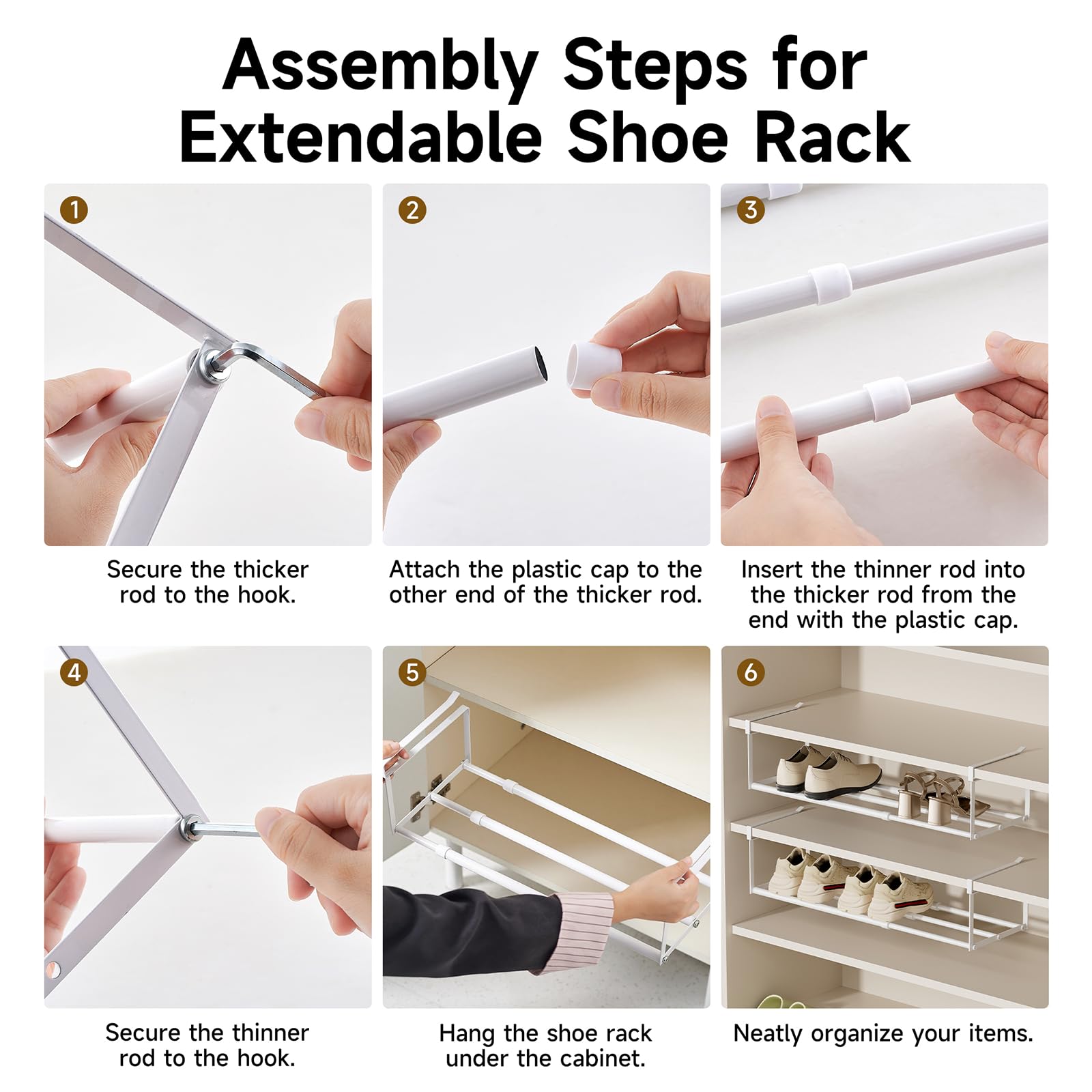 UFORU Expandable Hanging Shoe Rack Organizer for Closet, Adjustable Shoe Rack Under Cabinet Shelf, Versatile Under Shelf Storage for Kitchen, Book, Clothing Storage and Organization(White,2PCS)