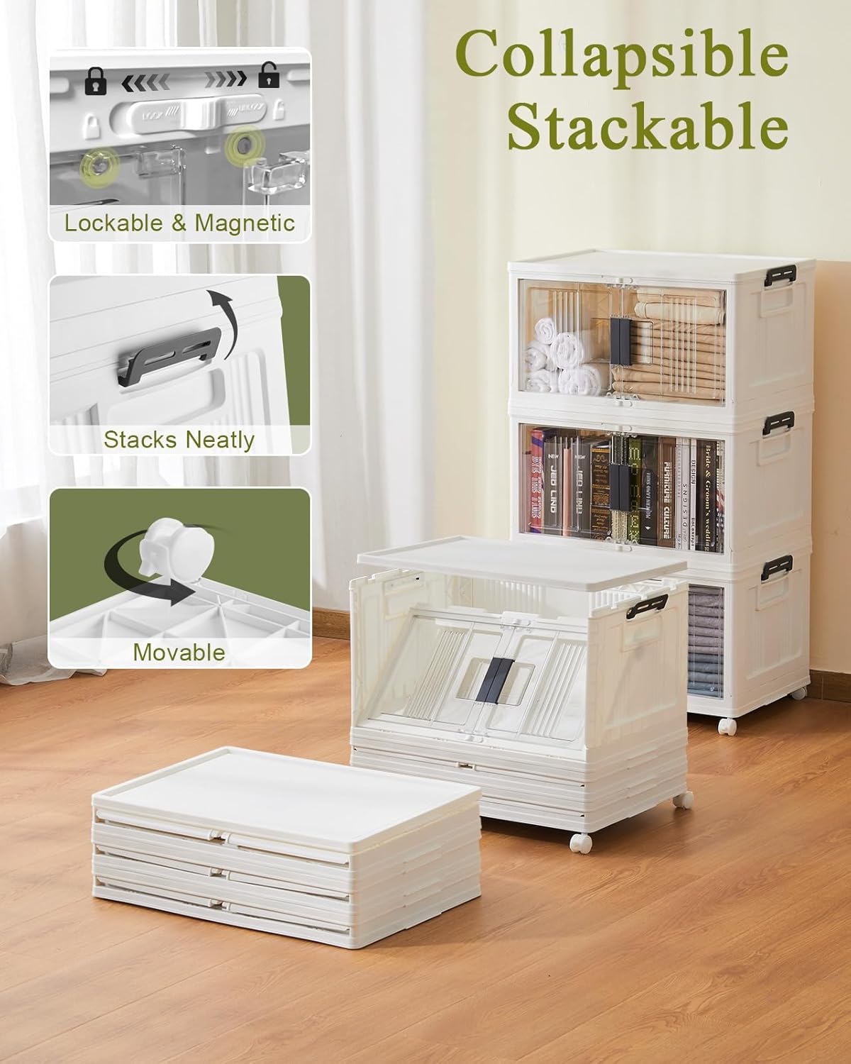 OlarHike 48QT Lockable Storage Bins - Collapsible Plastic Organizer with Lids & Wheels | 4-Pack Set