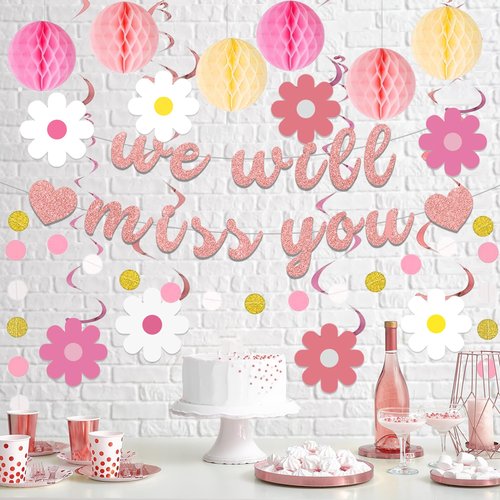 Roetyce Farewell Party Decorations Women, Pink We Will Miss You Banner Honeycomb Balls Hanging Swirls, Rose Gold Flower Theme Going Away Leaving Goodbye Party Supplies, Retirement Photo Background