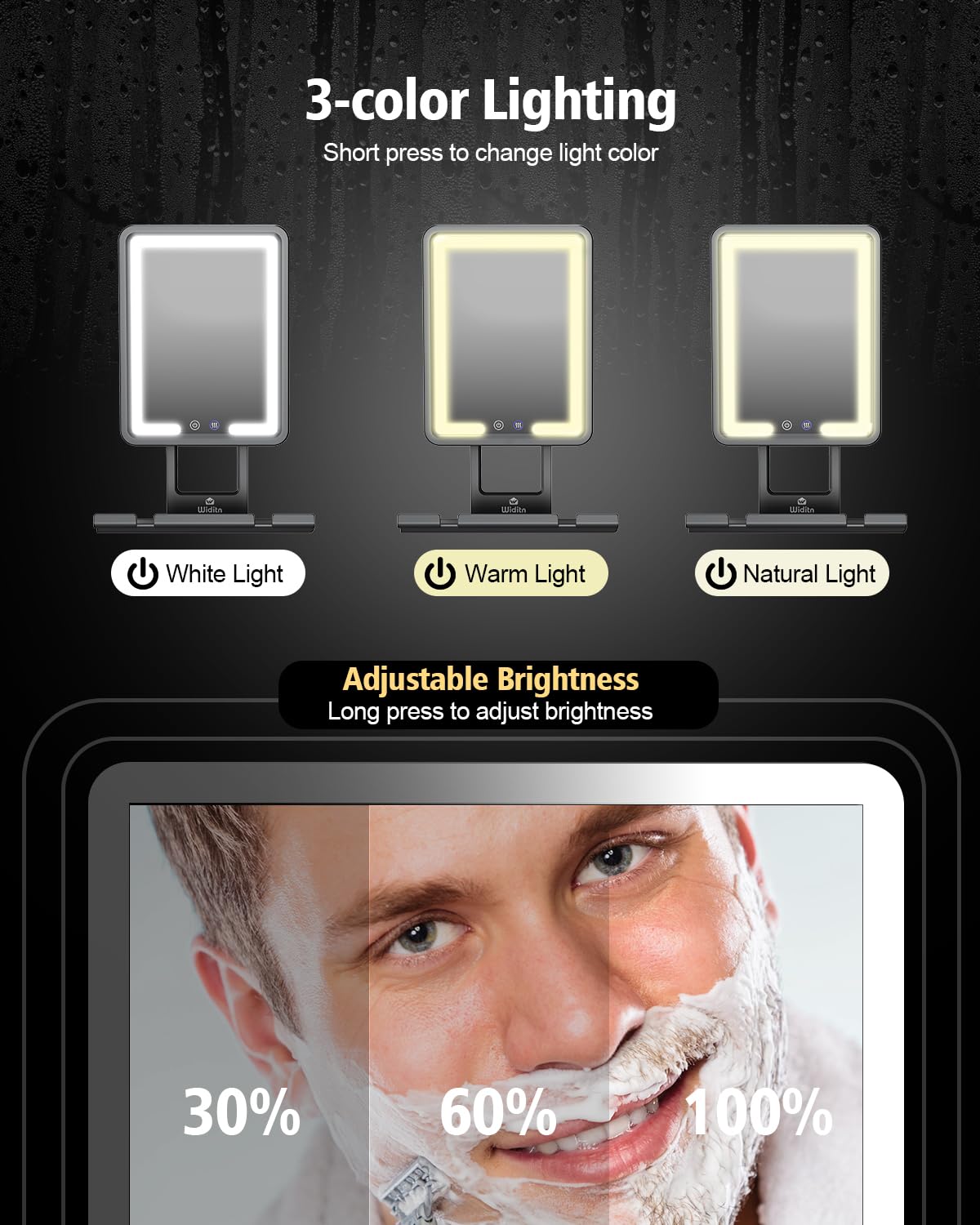 Widitn Lighted Shower Mirror Fogless for Shaving, Heated Fogless Shower Mirror with 3 Colors Stepless Dimmable Lights, Rechargeable Adjustable Shaving Mirror with Razor Stand, Brush Holder for Men