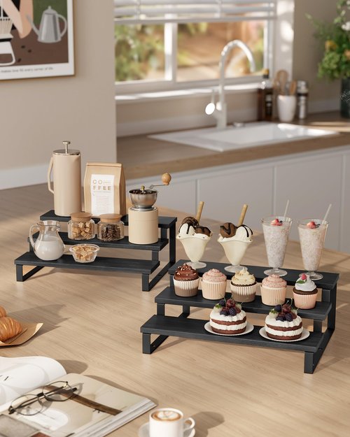 SONGMICS Display Risers, Set of 2 Engineered Wood Perfume Organizer Stand, 3-Tier Cupcake Stand Holder, Spice Rack, Shelf Risers for Figures, Dessert Shelves, Ebony Black and Ink Black UKCS116B01