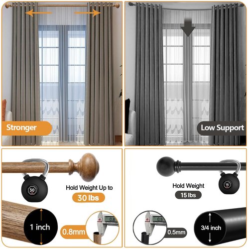 Wood Curtain Rods for Windows 48 to 84 Inch(4-7ft),1 Inch Heavy Duty Curtain Rods with Imitation Wood Grain Finials, Boho Adjustable Drapery Rod of Window Treatment