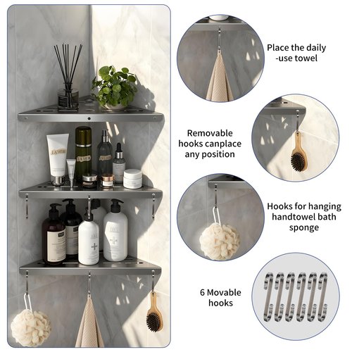 3 Pack Corner Shower Shelf,10-Inch 304 Stainless Steel Bathroom Shelves with 6 Hooks 40 lbs Heavy Duty Capacity Durable Drill-Mount Installation Shower Shelf for Inside Shower (Silver)