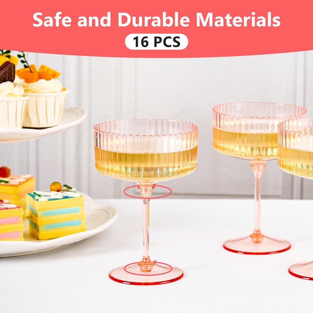 ZOMUIA Ribbed Coupe Glasses 16 Pcs, 10 oz Plastic Champagne Coupe Detachable Acrylic Cocktail Glasses Plastic Martini Glasses for Bar, Wine, Dessert, Cocktail Glassware(Pink)