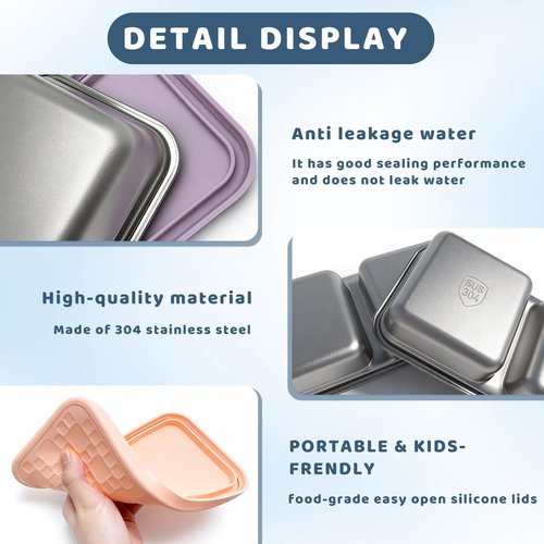 Mostdream 3 Pack 15 oz Stainless Steel Snack Containers for Kids, Reusable Metal Snack Containers with Silicone Lids, 2 Compartment Stackable Metal Toddler Lunch Box for Daycare, School and Outdoor