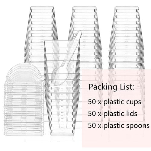 Legredic 50Pack 5oz Plastic Dessert Cups with Lids and Spoons, Square Clear Parfait Appetizer Cups, Mini Reusable Shooter Serving Cups, Party Dessert Shot Glasses for Tasting