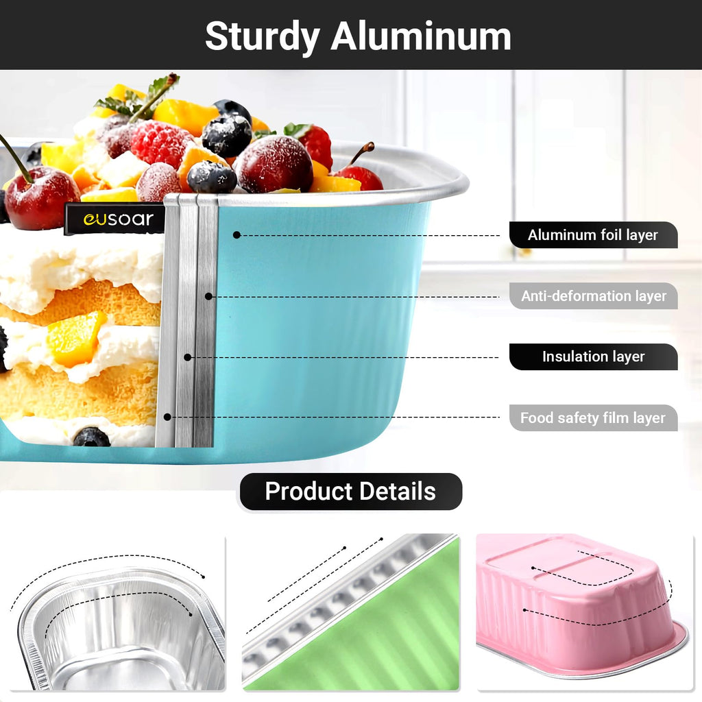 EUSOAR Aluminum Foil Cupcake Liners, 50pcs 5 Mixed Colors 6.8oz 6.5"x2.5"x1.2" Disposable Foil Ramekins Pan Tin with Lids，Cupcake Baking Cups Containers, Creme Brulee Ramekins Pan