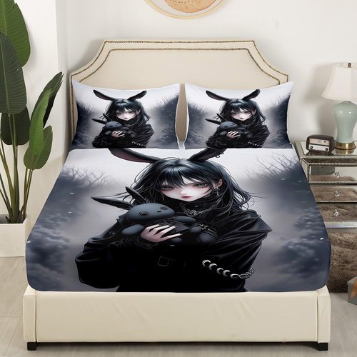 Anime Bed Sheets 3D Japanese Girl Fitted Sheet Twin,Anime Gifts Sheets for Girls,Gothic Cartoon Rabbit Print Bed Set for Room Decor