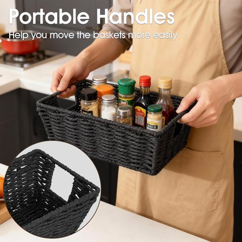 Paper Rope Storage Baskets for Shelves Organizing, Small Hand Woven Wicker Organizer Basket with Handle for Bathroom Toilet Paper Storage, Black, 3-Pack