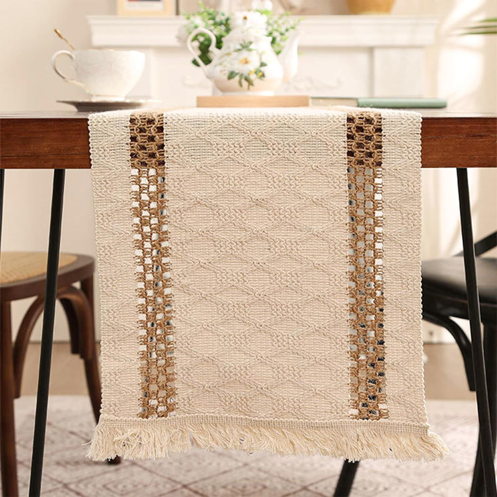 Niviy Boho Table Runner 90 Inches Long Summer Farmhouse Macrame Table Runner Cotton Linen Woven Table Runners for Fall Dining Table Home Baby Bridal Shower Decor , Beige & Brown
