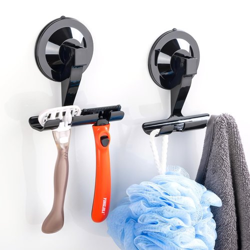 Antimbee Razor Holder for Shower, 2 Pack Suction Cup Hooks, Powerful Shower Shaver Holders Hanging Towel, Loofah, No Damage Wall Hooks, Easy to Install Hanger and Reuse in Bathroom, Kitchen