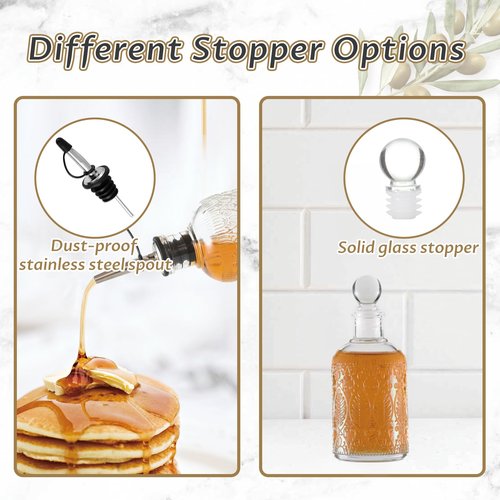 Wongblee Retro Glass Syrup Dispenser Bottle 7oz, Oil and Vinegar Cruet with Stainless Steel Pour Spout, Labels, Funnel & Stopper(Leaf)