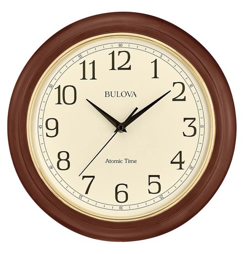 Bulova Atomic Time 2 Analog Wall Clock C5004 | 12.4" Wooden Frame, Sets Time Automatically | Quartz Movement | Battery Operated | Classic Design