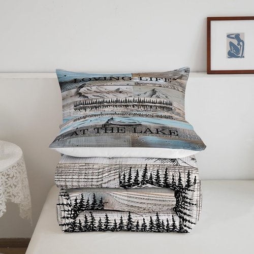 Erosebridal Lake House Queen Size Comforter Set, Rustic Farmhouse Bedding Set for Kids Boys Teens Adult Women, Wooden Bridge Blue Grey Duvet Sets Mountain Barn Door Duvet Insert Gift for Lake Lover
