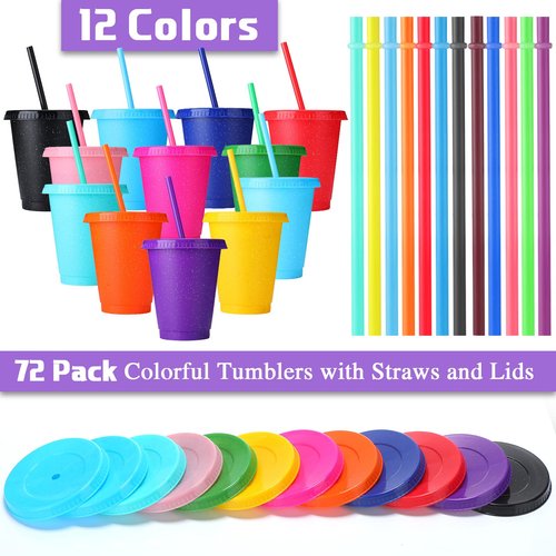 Potchen 72 Pcs Glitter Reusable Tumbler with Straws and Lids, Plastic Cup with Lids and Straws Bulk, Water Bottle Iced Coffee Cold Drink Travel Mug, Colorful Cups for Party Birthdays