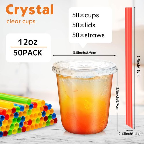 Ziliny 50 Sets Clear Cups with Lids and Jumbo Smoothie Straws Disposable Plastic Cups for Smoothies, Bubble Milk Tea, Milkshakes, Cold Drinks(12 oz)