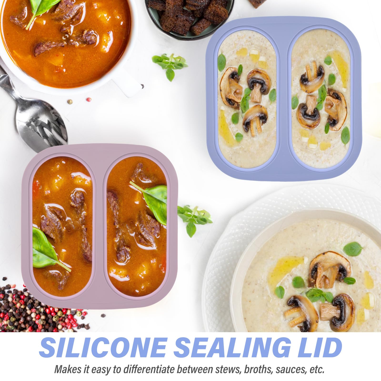 Mossime Silicone Soup Freezer Molds: 1 Cup Silicone Freezer Trays with Lid - 4 Packs Easy Release Soup Freezer Containers - 250ml 125ml Portion Large Cubes for Ice Soup (4, Blue/Purple)