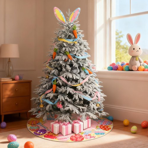 Sozize 36 Inch Easter Tree Skirt Mardi Gras Tree Skirt Double Sided Mat with Masquerade Mask Feather Easter Bunny Eggs Pattern Christmas Tree Skirt for Holiday Decoration